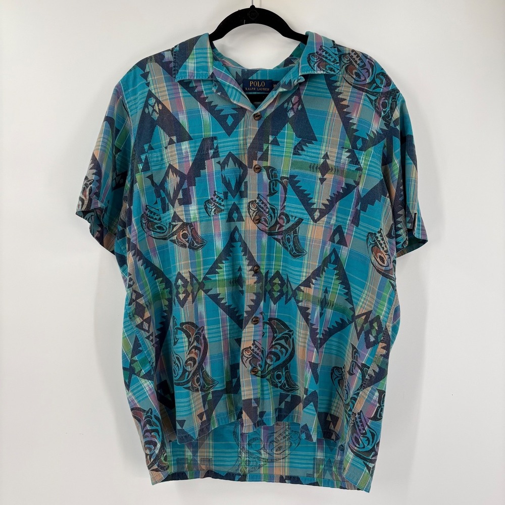 Polo Ralph Lauren Mens XL Hawiian Shirt Shar Blue Button Up Short Sleeve